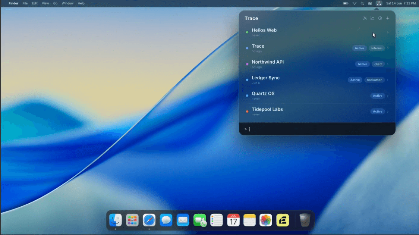 Trace global project list in the macOS menubar, each project a colored row with tags and last-activity dates